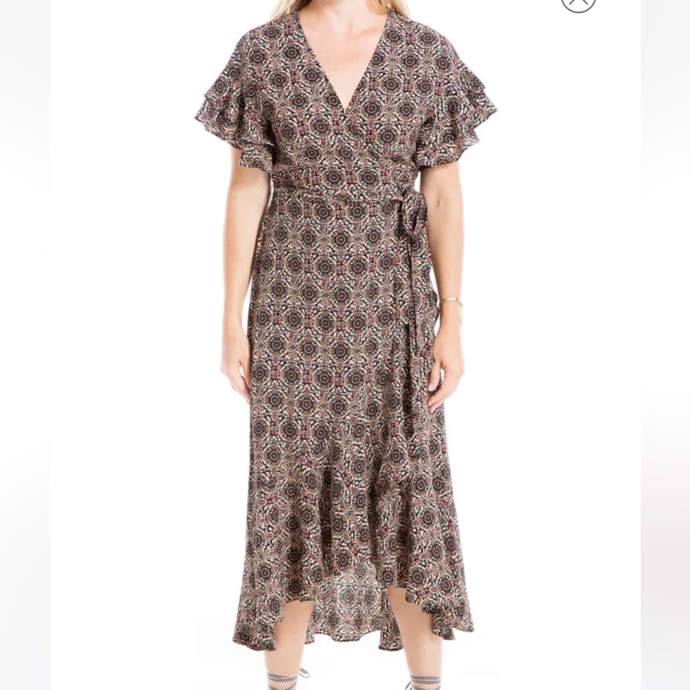 Max Studio Ruffle Crepe High-Low Wrap Midi Dress